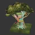 Wooden Tree House With Green Leafy Canopy Small Cabin Wooden Ladder And Grass Base