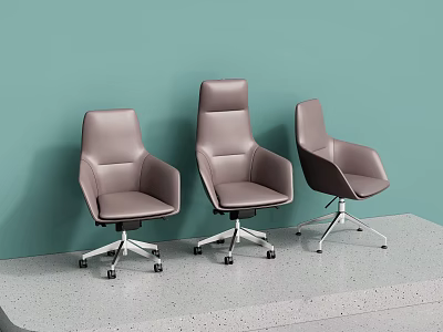 Three Modern Tan Office Chairs With Armrests And Wheels Against Teal Wall On Gray Platform 3d model