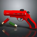 Red Handgun With Black Components And Red Green Bullet Shells On Shiny Surface 3d model