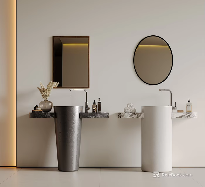 Modern Silver White Freestanding Washbasins With Illuminated Round Rectangular Mirrors And Toiletries 3d model 