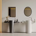Modern Silver White Freestanding Washbasins With Illuminated Round Rectangular Mirrors And Toiletries