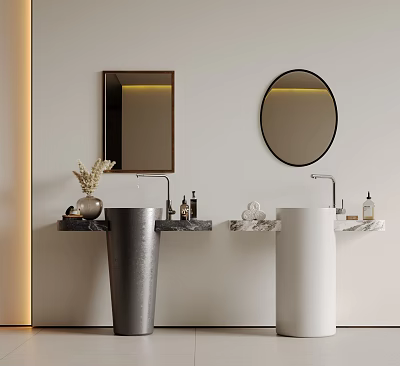 Modern Silver White Freestanding Washbasins With Illuminated Round Rectangular Mirrors And Toiletries 3d model