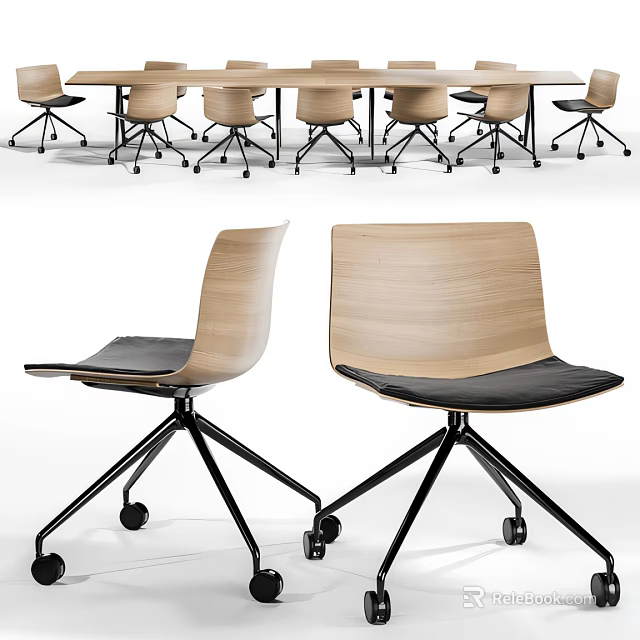Modern Wooden Back Office Chair Featuring Black Seat Cushion and Rolling Wheels 3d model 