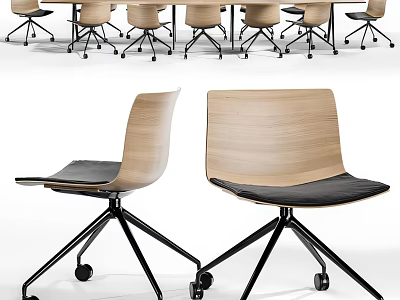 Modern Wooden Back Office Chair Featuring Black Seat Cushion and Rolling Wheels 3d model