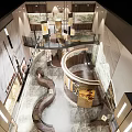 Elegant Exhibition Space Interior With Wooden Display Cases Marble Walls And Chinese Calligraphy Decorations
