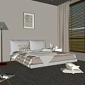 Modern Bedroom Interior With White Bed Nightstand Floor Lamp Wooden Blinds And Wall Art