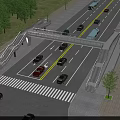 Pedestrian Bridge Over Busy Road With Vehicles And Green Trees Alongside