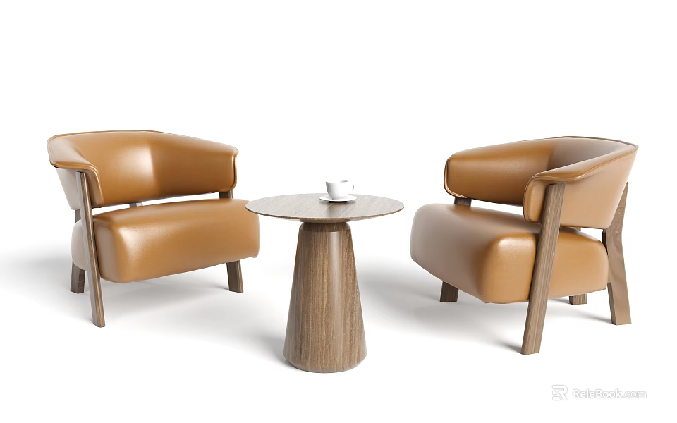 Modern Leisure Sofa Set With Brown Leather Armchairs And Wooden Round Side Table 3d model 