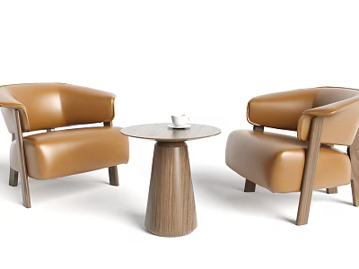 Modern Leisure Sofa Set With Brown Leather Armchairs And Wooden Round Side Table 3d model