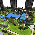 High Rise Residential Complex With Central Water Feature And Green Courtyard 3d model