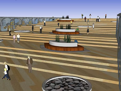 Public Open Area With Wooden Floor Circular Planters Steps And People Walking 3d model