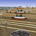 Public Open Area With Wooden Floor Circular Planters Steps And People Walking