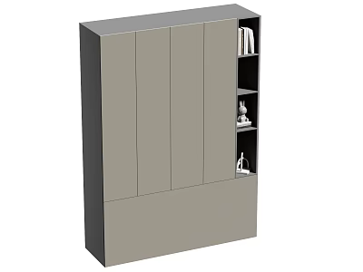Modern Gray Wardrobe With Multiple Doors And Open Shelves For Books And Decorations 3d model