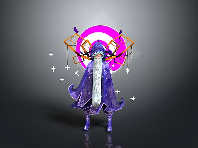 Mystical Wizard Character Design With Purple Robe Long Beard Pink Halo Geometric Structures And Stars 3d model