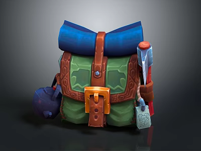 Green Backpack With Brown Straps Blue Top Orange Buckle Decorative Patterns And Tools Axe Shovel 3d model