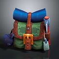 Green Backpack With Brown Straps Blue Top Orange Buckle Decorative Patterns And Tools Axe Shovel