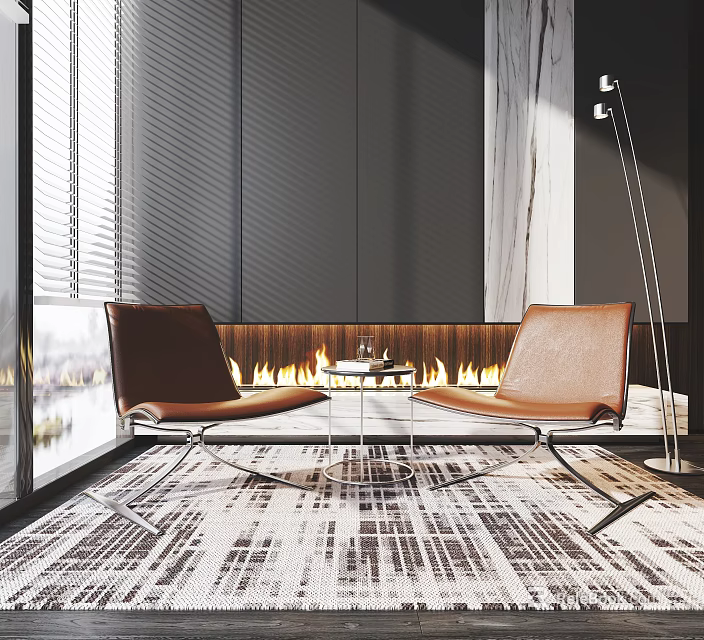 Modern Brown Leather Leisure Chairs In Living Room With Fireplace Area Rug And Large Window View 3d model 