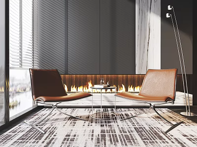 Modern Brown Leather Leisure Chairs In Living Room With Fireplace Area Rug And Large Window View 3d model