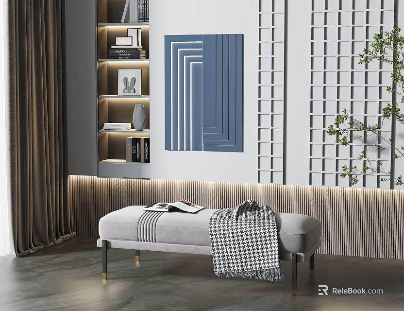 Modern Living Room Bench With Checkered Blanket And Book 3d model 