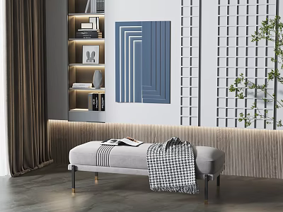 Modern Living Room Bench With Checkered Blanket And Book 3d model
