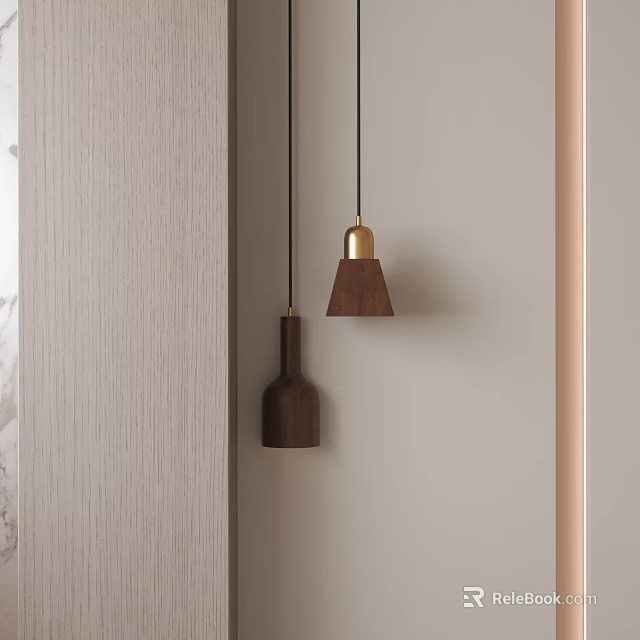 Modern Wooden Pendant Lamp with Brass Accent in Minimalist Interior Design 3d model 