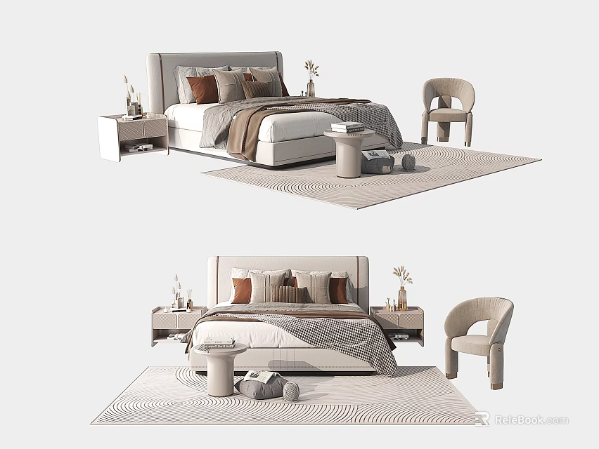 Modern Double Bed With Decorative Pillows Bedside Tables Accent Chair And Area Rug 3d model 