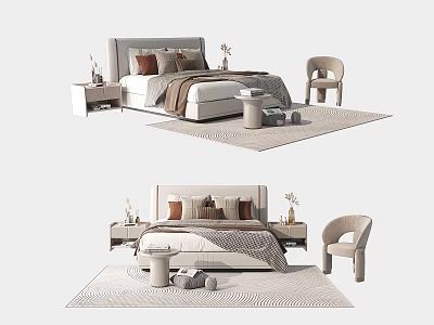 Modern Double Bed With Decorative Pillows Bedside Tables Accent Chair And Area Rug 3d model