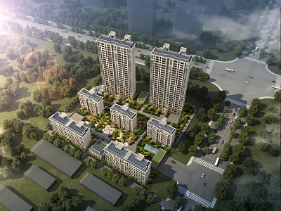 Modern High Rise Residential Buildings With Lush Green Gardens And Parking Facilities 3d model