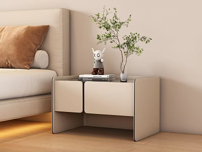 Beige Bedside Table With Two Drawers Teddy Bear Books And Green Plant By Bed 3d model