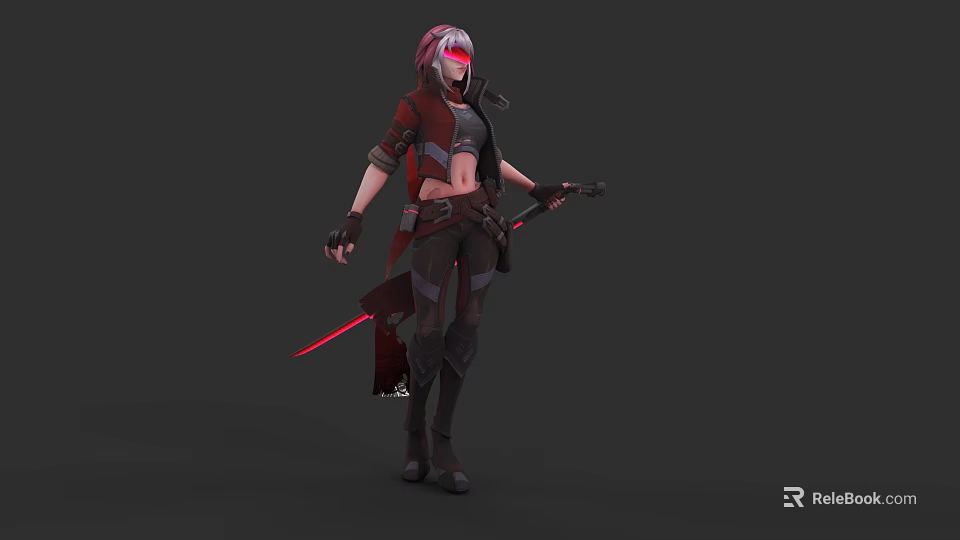 Futuristic Game and Movie Character With Red Hair Goggles Red Sword and Combat Outfit 3d model 