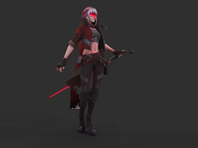 Futuristic Game and Movie Character With Red Hair Goggles Red Sword and Combat Outfit 3d model