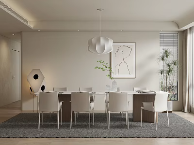 Minimalist Modern Dining Room Interior With White Chairs Pendant Light And Wall Art 3d model