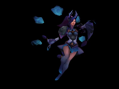 Fantasy Female Character With Purple Hair And Blue Crystal Creatures Floating Around 3d model