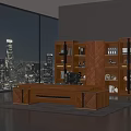 Modern Wooden Executive Office Desk With Bookshelves Decorative Items And City Night View