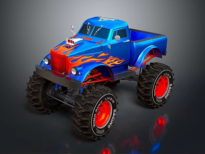 Blue Monster Truck With Flame Decals And Large Red Wheels 3d model