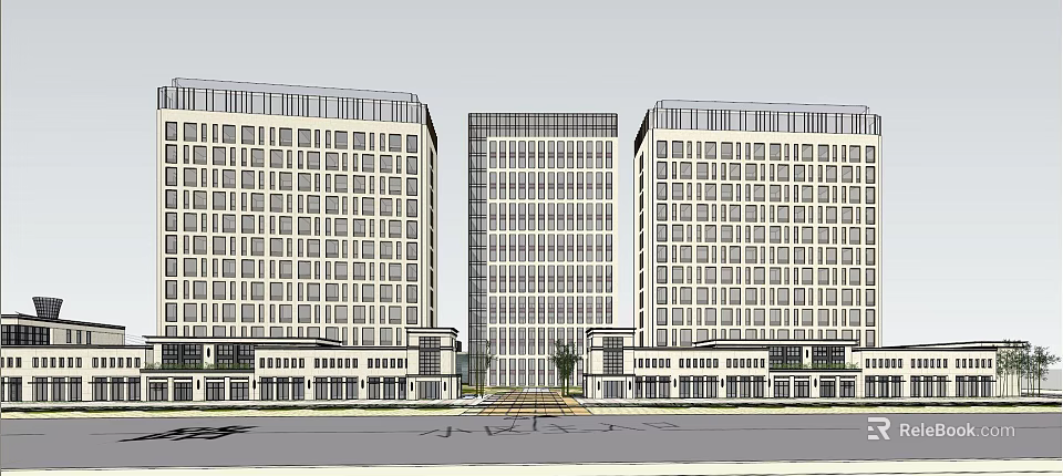 Modern Office Buildings Featuring Contemporary Exterior Multiple Windows Ground Floor Shops Central Road And Greenery 3d model 