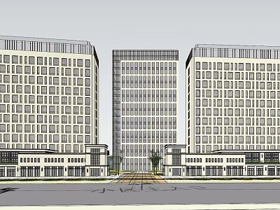 Modern Office Buildings Featuring Contemporary Exterior Multiple Windows Ground Floor Shops Central Road And Greenery 3d model