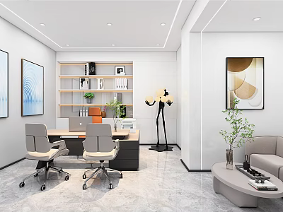Modern Office Interior With Desk Chairs Bookshelf Sofa And Decorative Paintings 3d model