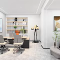 Modern Office Interior With Desk Chairs Bookshelf Sofa And Decorative Paintings