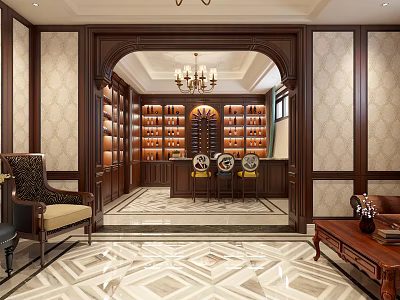 Elegant Traditional Lounge Interior With Wooden Bookshelves Wine Cabinet Chandelier Armchair And Geometric Floor Tiles 3d model