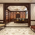 Elegant Traditional Lounge Interior With Wooden Bookshelves Wine Cabinet Chandelier Armchair And Geometric Floor Tiles
