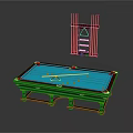 Billiard Table Setup With Blue Felt Surface Wooden Frame And Hanging Cue Rack