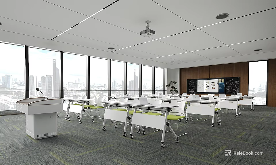 Modern Conference Room Interior With Conference Tables Projector Large Windows And City View 3d model 