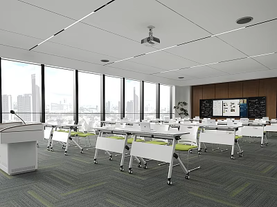 Modern Conference Room Interior With Conference Tables Projector Large Windows And City View 3d model