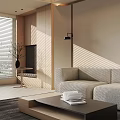 Modern Living Room Interior With Wooden Sofa Coffee Table And Sunlight