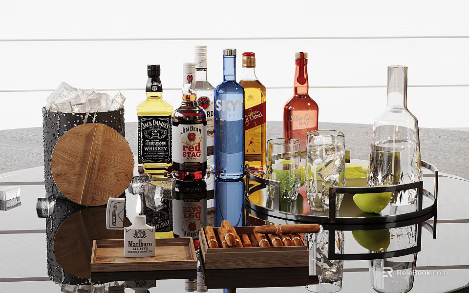 Stylish Bar Setup With Wine Bottles Glasses Ice Bucket Wooden Tray And Snacks 3d model 