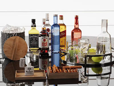 Stylish Bar Setup With Wine Bottles Glasses Ice Bucket Wooden Tray And Snacks 3d model