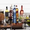Stylish Bar Setup With Wine Bottles Glasses Ice Bucket Wooden Tray And Snacks