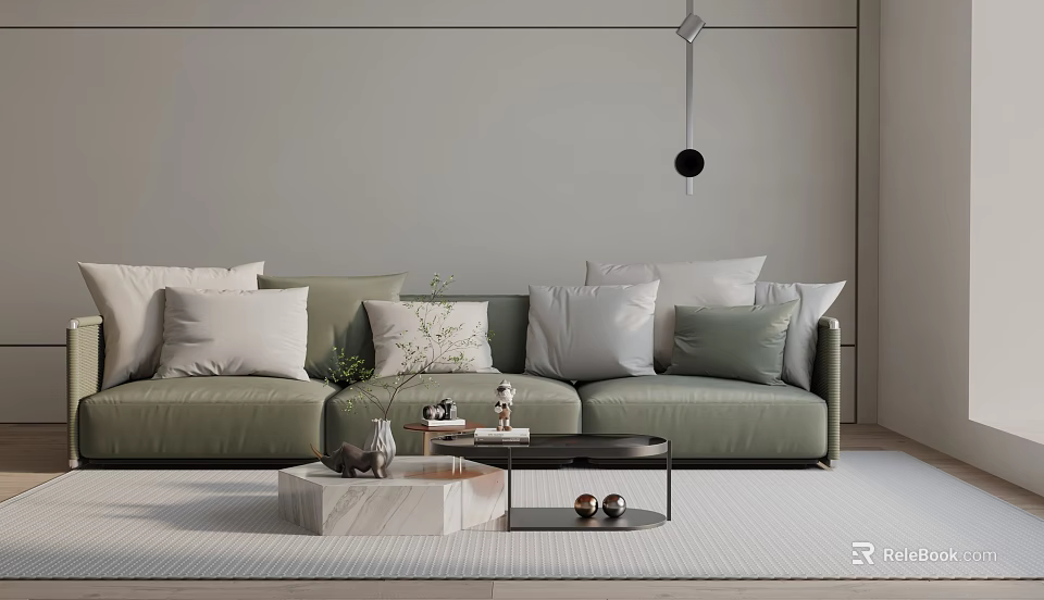 Modern Three Seater Green Sofa with Cushions Marble Coffee Table and Hanging Lamp 3d model 