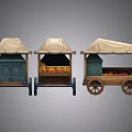 Vintage Wooden Fruit Carts With Canvas Canopies Filled With Assorted Fruits